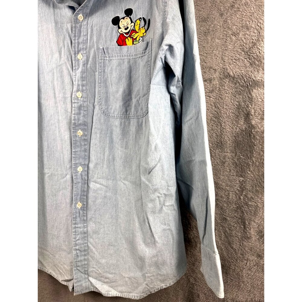 Mickey Inc. Vintage Shirt XL Denim Button-Up Shirt With Mickey & Pluto Embroider - Picture 5 of 12